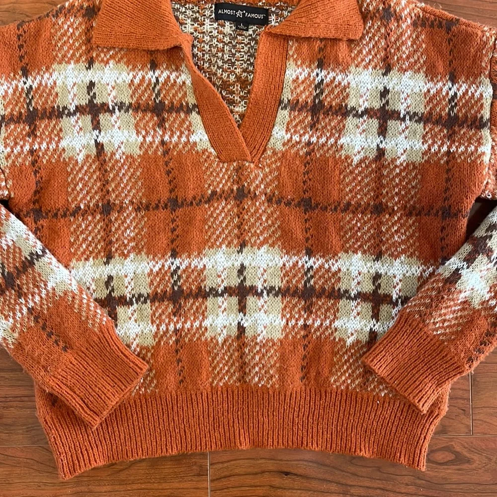 Almost Famous Orange Plaid V Neck Knit Sweater